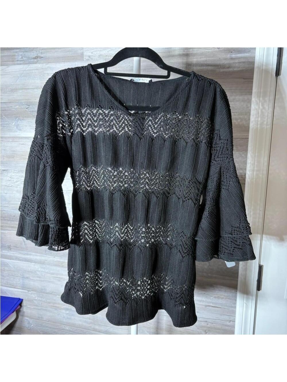 Nally & Millie Black Knit Bell Sleeve Blouse Size S Made in USA 962